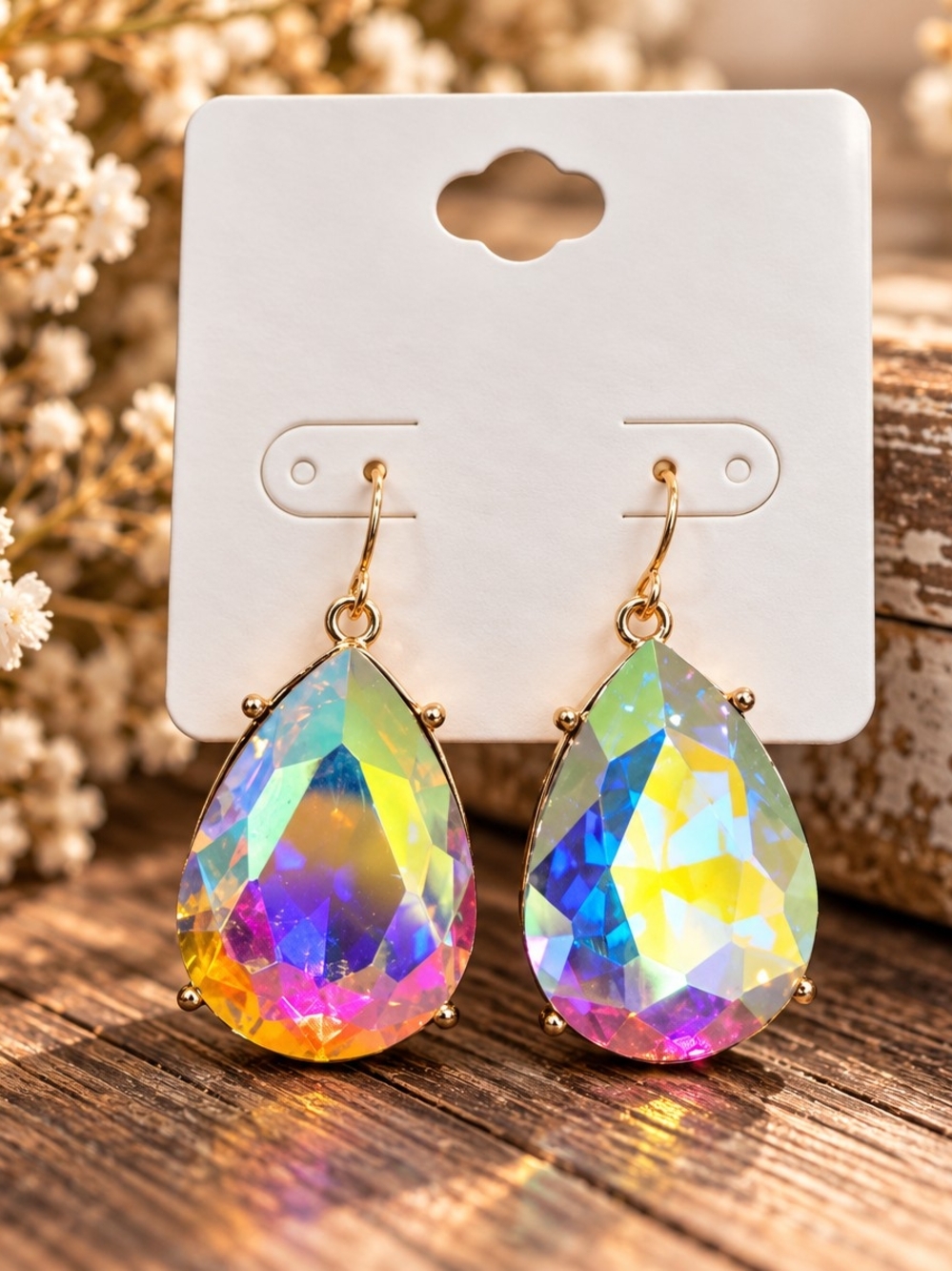 Gold Teardrop Iridescent Crystal Style Earrings